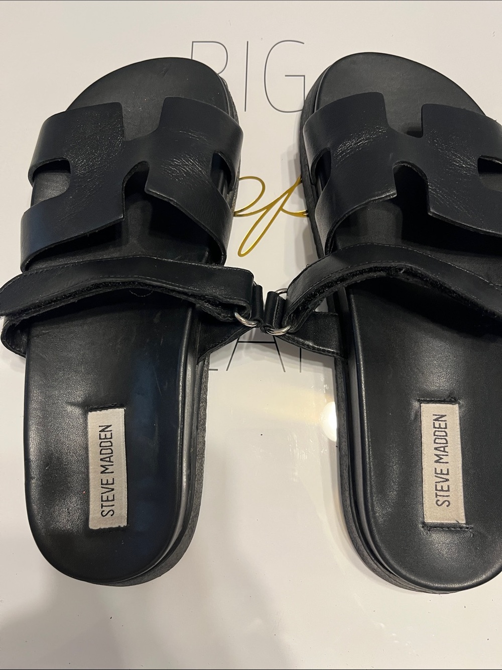 Steve Madden Black Leather Cutout Double-Strap Slide Sandals